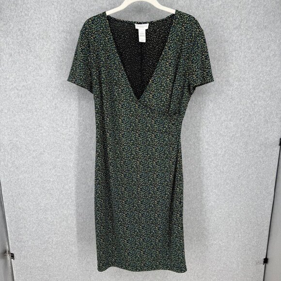 Liz Claiborne Faux Wrap Knee Length Short Sleeve Dress Size L Green Black Print - Picture 1 of 10